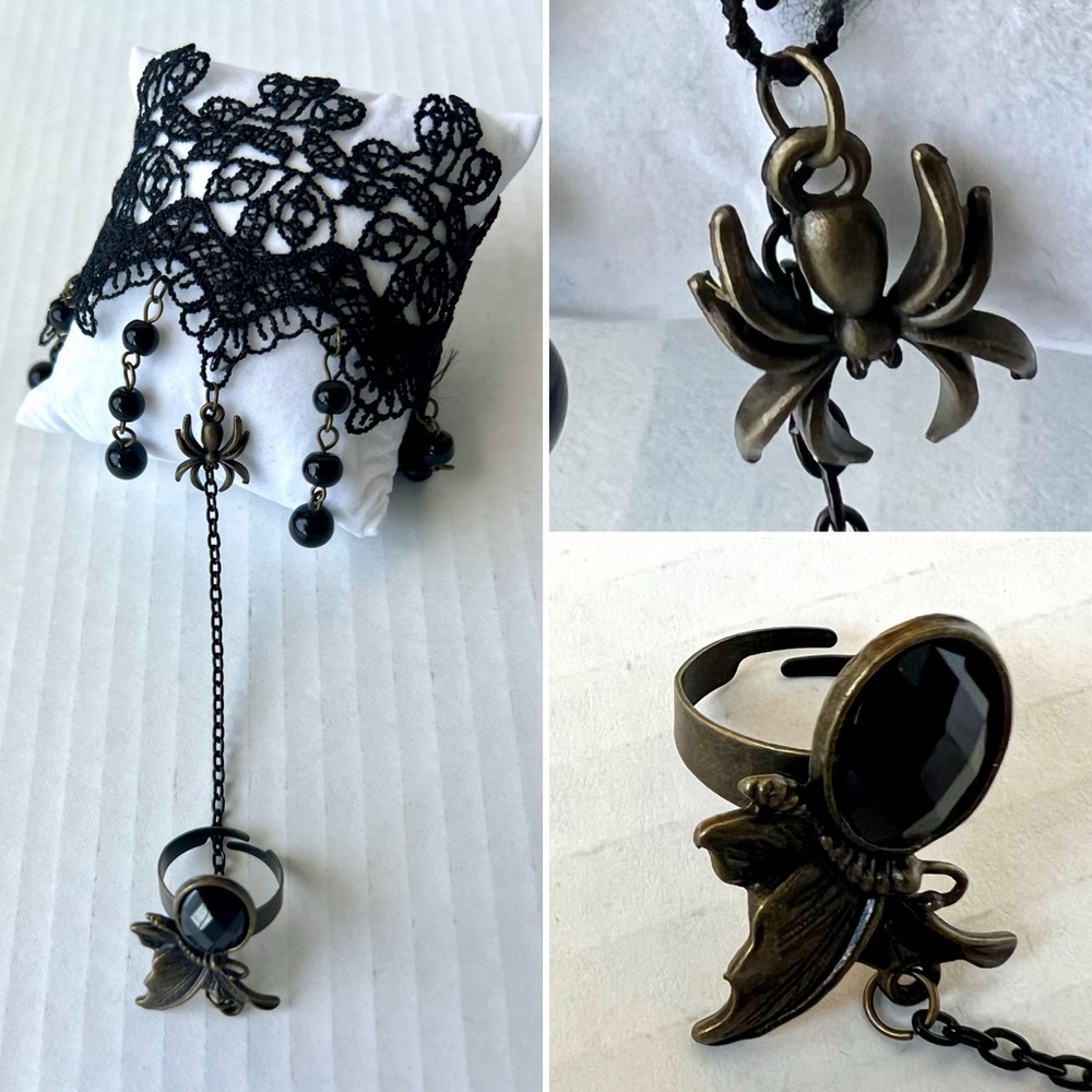 Lace Gothic Bracelet with Attached Ring